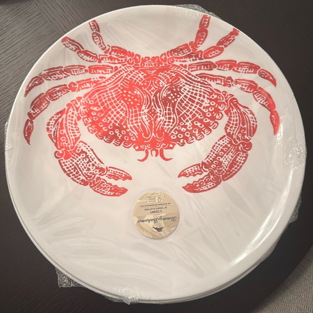 Three Tommy Bahama 16” plastic red crab serving platters orig wrap great gifts 🦀